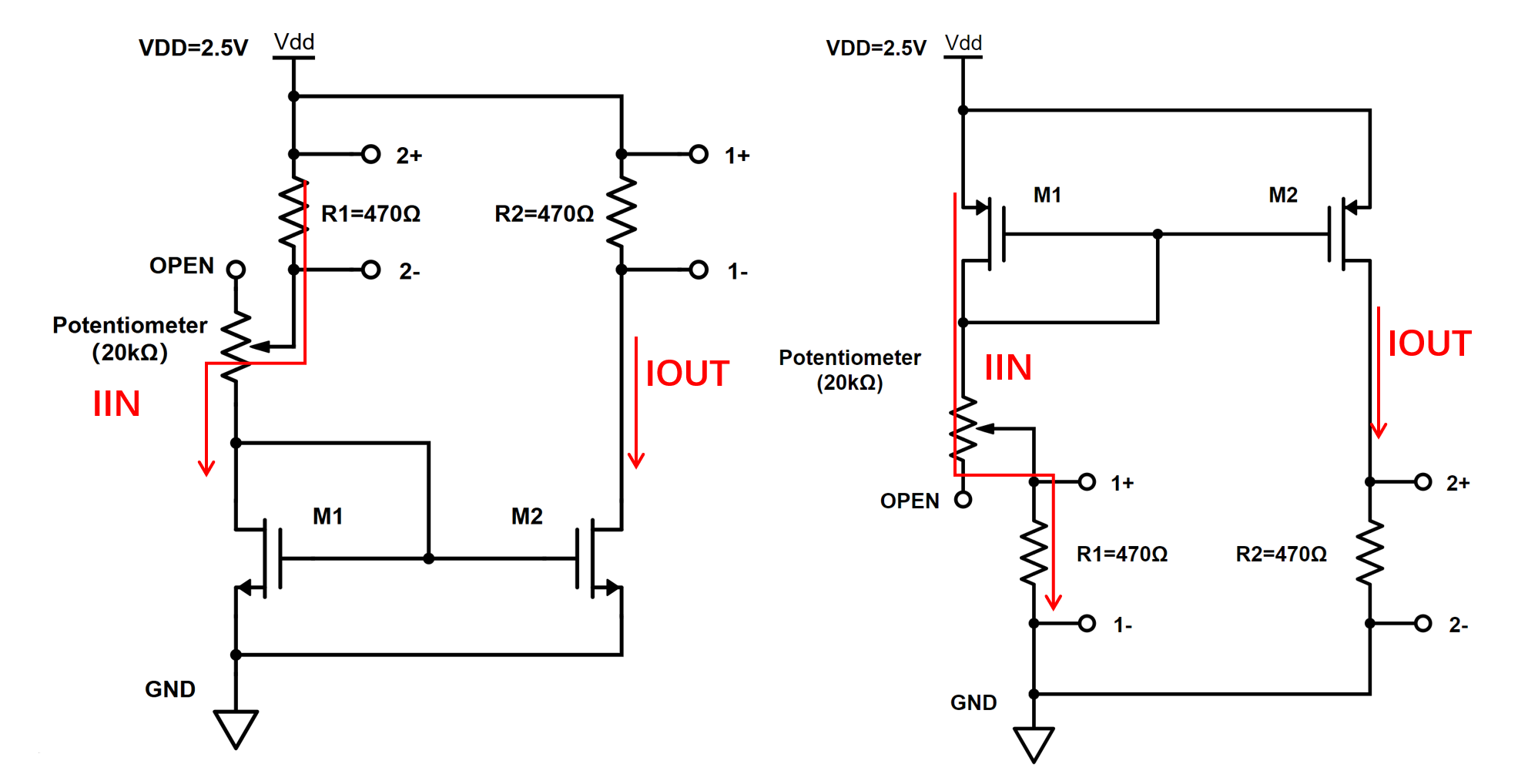 Fig. Schematic of the measurement of the current for nMOS and pMOS current mirror. The connections can be used for IBIAS sweeping directly.